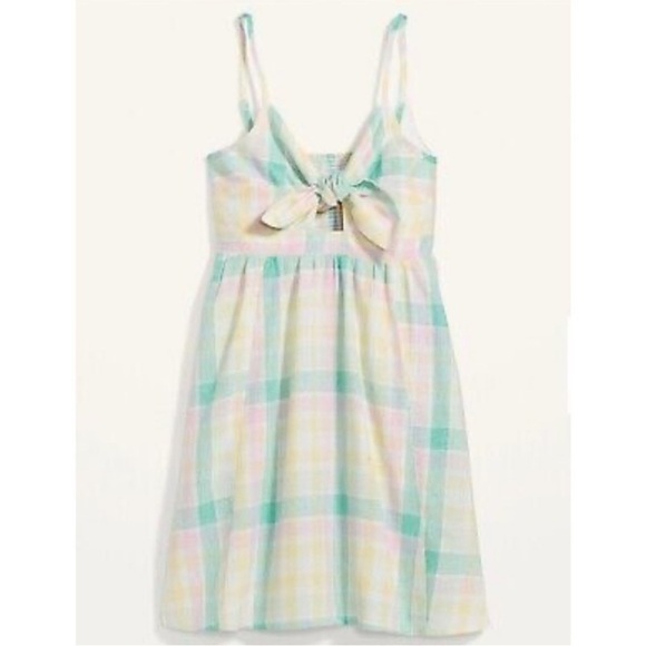 NEW! Old Navy- Yellow Blue Pink Plaid Spaghetti Strap Self Tie Mini Dress NWT - Picture 1 of 11